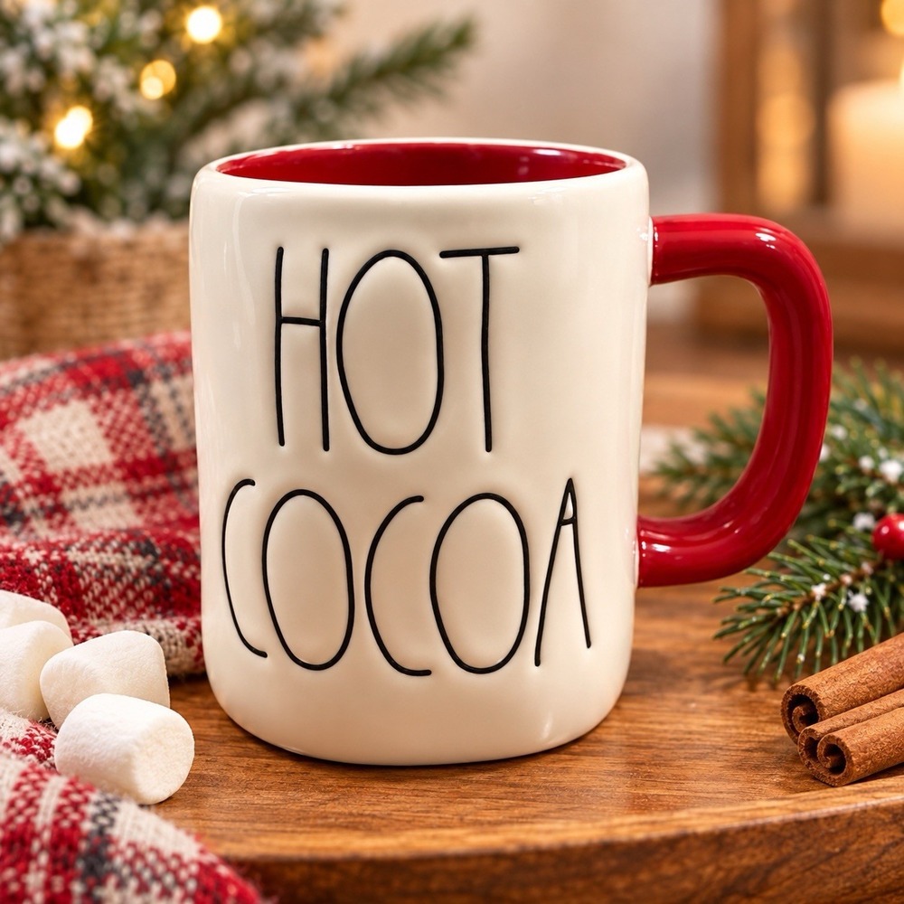 Rae Dunn Artisan Collection Magenta HOT COCOA White &Red Ceramic Mug Snowflake